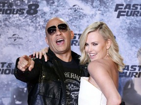 Vin Diesel and Charlize Theron attending the Berlin premiere of 'Fast & Furious 8' at the Cinestar Sony Centre in Berlin on April 4, 2017. (Sebastian Gabsch/Future Image/WENN.COM)