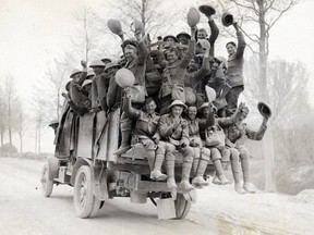 Canadian troops head to the rear after the Battle of Vimy Ridge, April 1917.