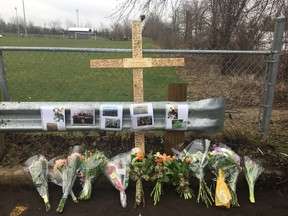 Parkside collegiate institute students placed a makeshift memorial at the Sam Chabot's parking spot Thursday morning. The 17-year-old football player was killed in a head-on crash east of St. Thomas Wednesday afternoon. The driver of the other vehicle, 62-year-old Branko Cindric, was pronounced dead at the scene. (Contributed/Parkside Collegiate Institute)