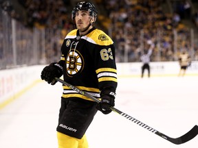 Brad Marchand of the Boston Bruins looks on during an NHL game against the Ottawa Senators at TD Garden on March 21, 2017. (Maddie Meyer/Getty Images)