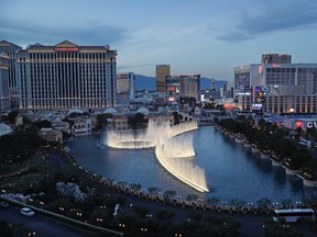 In this April 4, 2017, photo, the fountains of Bellagio erupt along the Las Vegas Strip in Las Vegas. A report from the resort's biggest travel booster released Wednesday, April 5, shows 34 percent of Las Vegas visitors in 2016 were millennials. That's up from 24 percent in 2015. (AP Photo/John Locher)