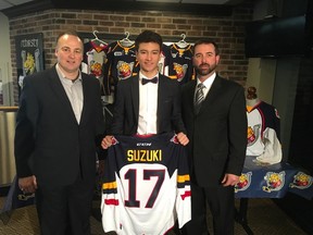The Barrie Colts introduced forward Ryan Suzuki as the first-overall pick in this weekend's Ontario Hockey League Priority Selection on Friday. From left are Colts head coach Dale Hawerchuk, Suzuki and Colts general manager Jason Ford. BARRIE COLTS/PHOTO