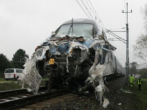 The damaged nose of a Pendolino fast train that hit a flat-bed truck at an unguarded railway crossing in Schodnia, southwetern Poland, Thursday, April 7, 2017. Several people have been hospitalised some with life-threatening injuries, officials said. A number of others suffered less severe injuries. (AP Photo)