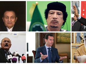 This combo photo showing, top from left to right, ousted Egyptian President Hosni Mubarak, former Libyan leader Moammar Gadhafi, and former Tunisian President Zine El Abidine Ben Ali, bottom from left to right, former Yemen's President Ali Abdullah Saleh, Syrian President Bashar Assad, and Bahrain's King Hamad bin Isa al Khalifa. Egypt's ousted former leader Hosni Mubarak is released after six years in prison, but he is not the only ruler in the Middle East to be caught up in Arab Spring uprisings that swept across the region since 2011. Exiled, killed or fighting for survival, here's a look at the fate of other Arab leaders and where they are now. (AP Photos)