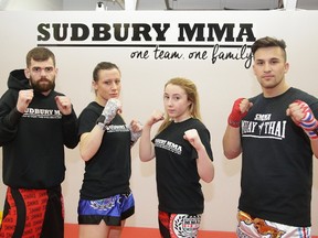 Sudbury MMA fighters Davin Reid, Dorothy Vallillee, Alexia Labelle and Kyle Fletcher in Sudbury, Ont. on Thursday April 6, 2017. The fighters will be participating in the Northern Fights 3 at the Steelworkers Hall on Saturday.Gino Donato/Sudbury Star/Postmedia Network