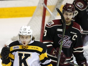 Peterborough Petes' Brandon Prophet looks away as Kingston Frontenacs' Linus Nyman celebrates his goal during third period of Game 1 Eastern Conference Semifinal OHL action on Thursday April 6, 2017 at the Memorial Centre in Peterborough, Ont. The Petes won 4-2. Clifford Skarstedt/Peterborough Examiner/Postmedia Network
