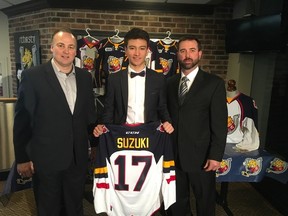 The Barrie Colts introduced forward Ryan Suzuki as the first-overall pick in this weekend's Ontario Hockey League Priority Selection on Friday. From left are Colts head coach Dale Hawerchuk, Suzuki and Colts general manager Jason Ford (Barrie Colts photo)