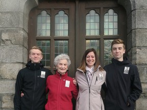 Rhonda Hartman travelled to Vimy Ridge with her sons and her mother on the battle's 100th anniversary to pay respect to her grandfather, Dudley Fryer, who fought in the battle. Here they are pictured in front of the Flanders Field Museum in Ypres, Belgium. From left to right: son Dawson Hartman, mother Barbara Fonteyne, Rhonda Hartman, son Ethan Hartman.