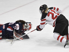 Canada's Haley Irwin tries to free the puck from the United State's Nicole Hensley during second period action in the IIHF Ice Hockey Women's World Championship gold medal game in Plymouth, Mich., on April 7, 2017. (THE CANADIAN PRESS/Jason Kryk)