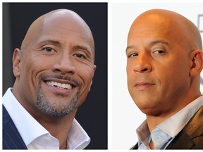 These two file photos show actor Dwayne Johnson (L) during the Warner Bros premiere of 'Central Intelligence' in Westwood, California, on June 10, 2016; and actor Vin Diesel (R) in the press room during the People's Choice Awards 2016 at Microsoft Theater in Los Angeles, California, on January 6, 2016. (ANGELA WEISS,CHRIS DELMAS/AFP/Getty Images)