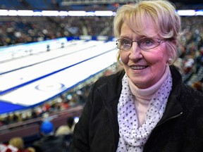 World Curling Federation president Kate Caithness watches the World Men's Curling Championship at Northlands Coliseum in Edmonton, Friday, April 6, 2017. (Ed Kaiser)