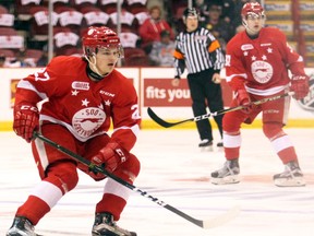 Soo Greyhounds centre Barrett Hayton stops in mid-ice during during first-period action Wednesday, April 5, 2017 against the Owen Sound Attack at Essar Centre. JEFFREY OUGLER/SAULT STAR/POSTMEDIA NETWORK