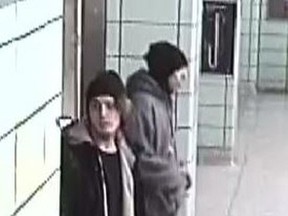 Investigators need help identifying two men who are believed to be responsible for setting off a stink bomb that caused panic on a TTC train on Friday, April 7, 2017. (PHOTO SUPPLIED BY TORONTO POLICE)