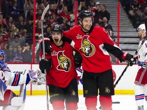 Ottawa Senators forward Jean-Gabriel Pageau celebrates his goal with Mark Stone during the third period of play against the New York Rangers at the Canadian Tire Centre on April 8, 2017. (Ashley Fraser/Postmedia)