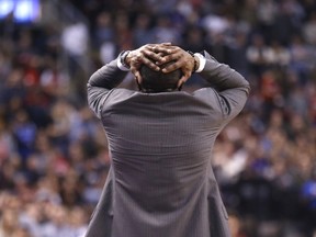 Toronto Raptors coach Dwyane Casey reacts to a sixth foul on Serge Ibaka as Toronto defeated the Miami Heat in Toronto on April 7, 2017. (Michael Peake/Toronto Sun/Postmedia Network)