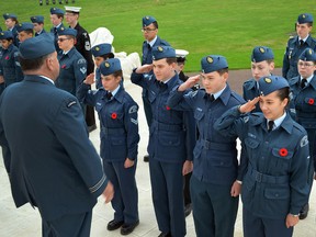 142 Mimico 'Determination' Squadron air cadets salute at the Canadian National Vimy Memorial in Vimy, France, along side Air Cadets 2 VandenBos Whitby, 246 Canadian Progress and the 272 Ojibwa Royal Canadian Sea Cadets as part of the “Exercise Canadian Invasion” trip to Belgium and France on Saturday, March 18, 2017. (Capt. Anastacia Scannell/272 RCSCC Ojibwa)