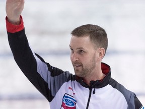 Canada skip Brad Gushue celebrates his win over Sweden following the page 1-2 at the Men's World Curling Championships in Edmonton, Friday, April 7, 2017.