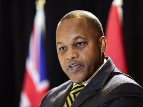 Justice Michael Tulloch releases his recommendations on how to enhance oversight of policing in the province during a news conference in Toronto on Thursday, April 6, 2017. (THE CANADIAN PRESS/PHOTO)