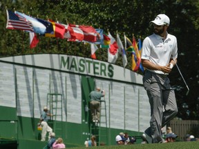 Adam Hadwin walks up the ninth fairway during the third round of the Masters golf tournament on April 8, 2017. (AP Photo/Charlie Riedel)