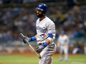 Jose Bautista of the Toronto Blue Jays reacts after striking out swinging to pitcher Chris Archer of the Tampa Bay Rays to end the top of the fourth inning on April 8, 2017. (Brian Blanco/Getty Images)