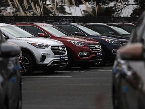 Brand new Hyundai Santa Fe SUVs are displayed at a Hyundai dealership on April 7, 2017 in Colma, California. South Korean automakers Kia and Hyundai announced that they are recalling 1.4 million cars and SUVs in the U.S., Canada and South Korea for a potential problem that causes engine failure or stalling. The recall includes 2013 and 2014 Hyundai Santa Fe Sport SUVs as well as 2011 - 2014 Kia Optima, 2011 - 2013 Kia Sportage SUVs and 2012 - 2014 and Kia Sorento SUVs. (Photo by Justin Sullivan/Getty Images)