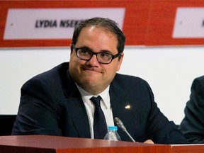 In this May 13, 2016, file photo, newly elected CONCACAF President Victor Montagliani smiles as he receives applause from fellow delegates during the 66th FIFA Congress in Mexico City. (AP Photo/Rebecca Blackwell, File)