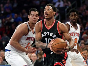 Toronto Raptors’ DeMar DeRozan drives to the basket against the New York Knicks, Sunday, April 9, 2017, in New York. (AP Photo/Seth Wenig)