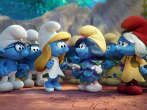 Clumsy (Jack McBrayer), Brainy (Danny Pud), Hefty (Joe Manganiello), Smurfette (Demi Lovato), SmurfBlossom (Ellie Kemper) and SmurfWillow (Julia Roberts) in Columbia Pictures and Sony Pictures Animation's "Smurfs: The Lost Village."