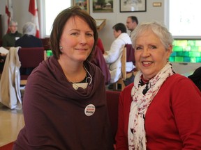 Mary Wooding, left, and Mary Raddon, organizers of Water Justice 2017, at the event at St. Peter's Anglican Church in Collins Bay on Saturday. (Steph Crosier/The Whig-Standard)