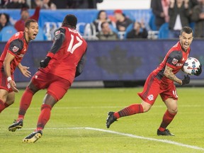 Sebastian Giovinco (right), Jozy Altidore (middle) and the Toronto FC offence finally looked on track during Saturday’s draw. The Canadian Press