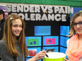 Brooklyn Hayward, left, and Peyton Thurtell, Grade 6 students at Errol Village School, were among the 109 participants during the weekend's annual science fair. (NEIL BOWEN/Sarnia Observer)