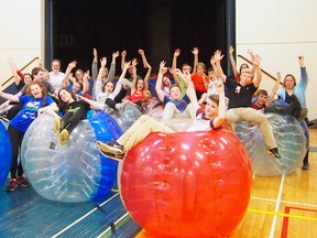 Both groups, from MDHS and Quebec, completed their YMCA Youth Exchange with a fun-filled game of bubble soccer on April 5. SUBMITTED