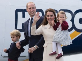 Prince William, Duke of Cambridge, Prince George of Cambridge, Catherine, Duchess of Cambridge and Princess Charlotte wave as they leave from Victoria Harbour to board a sea-plane on the final day of their Royal Tour of Canada on October 1, 2016 in Victoria, Canada. (Photo by Stephen Lock - Pool/Getty Images)