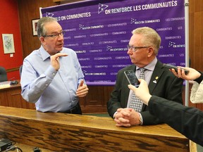 BRUCE BELL/THE INTELLIGENCER
Minister of Agriculture, Food and Rural Affairs Jeff Leal (left) and Prince Edward County mayor Robert Quaiff were at a media conference at Shire Hall in Picton on Monday morning for the announcement of $737,948 in Ontario Community Infrastructure Fund funding from the province. The funding is for improvements and maintenance to the Picton Water Treatment Plant.