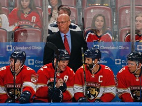 Florida Panthers interim head coach Tom Rowe looks on during a game against the St. Louis Blues, Thursday, April 6, 2017, in Sunrise, Fla. (AP Photo/Joel Auerbach)