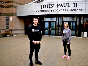 Justin Tiseo, ONERUN director and project manager, and Theresa Carriere, ONERUN founder, at John Paul II Catholic secondary school March 30, 2017. CHRIS MONTANINI\LONDONER\POSTMEDIA NETWORK