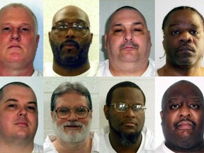 This combination of pictures obtained from the Arkansas Department of Correction and created on March 17, 2017 shows death row inmates (from left, top) Don William Davis, Stacey Eugene Johnson, Jack Harold Jones and Ledelle Lee; (from left, bottom) Jason F. McGehee, Bruce Earl Ward, Kenneth D. Williams and Marcel W. Williams. McGehee's life has since been spared. (GETTY IMAGES)