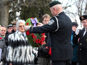Five wreaths were laid during a sunrise service at the Woodland Cemetery Sunday to honour the 100th anniversary of the Battle of Vimy Ridge. (DALE CARRUTHERS / THE LONDON FREE PRESS )