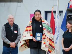 Matthew Halton student Irvin Provost is the silver medal recipient of the Indigenous Shining Student Award. He was one of over 60 students considered from across the province. The award recognizes students’ leadership skills and ability to inspire others through embracing an Aboriginal perspective. | Caitlin Clow photo/Pincher Creek Echo