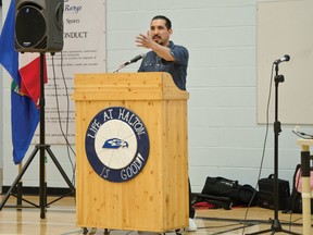 Keynote speaker Dwight Farahat came from Calgary to discuss ‘overcoming the negative,’ during the fourth annual FNMI Youth Summit. Nearly 100 students from schools across the Livingstone Division joined at Matthew Halton to share stories and learn from experts in business and future planning. | Caitlin Clow photo/Pincher Creek Echo