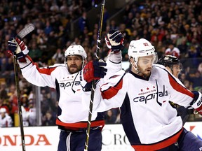 Kevin Shattenkirk of the Washington Capitals celebrates with Alex Ovechkin after scoring against the Boston Bruins at TD Garden on April 8, 2017 in Boston. (Maddie Meyer/Getty Images)