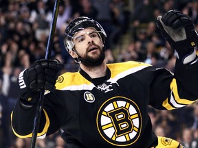 Drew Stafford of the Bruins celebrates after scoring against the Senators at TD Garden on April 6, 2017 in Boston. (Maddie Meyer/Getty Images)