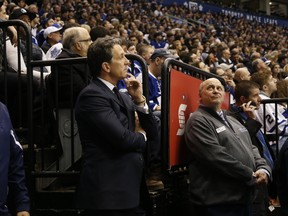 Maple Leafs president Brendan Shanahan takes in a few minutes of a game ice level at the Air Canada Centre. (JACK BOLAND/Toronto Sun)