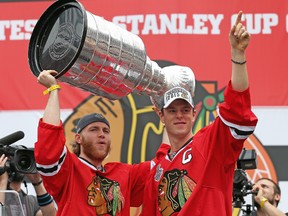 Blackhawks stalwarts Patrick Kane (left) and Jonathan Toews are back for another run at the Stanley Cup.  (Jonathan Daniel/Getty Images)