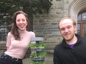 Western engineering students Jolien van Gaalen, left, and Richard Lacroix have developed a hydroponic growing system that fits on your kitchen counter. (HANK DANISZEWSKI, The London Free Press)