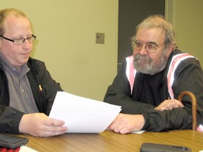 Northern Ontario Party leader Trevor Holliday, left, talks politics with new NOP Nipissing Riding Association president Richard Laplante, Holliday will represent the party in the 2018 Ontario provincial election.
Cindy Males / For The Nugget
