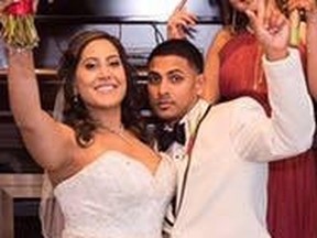 Arianna Goberdhan, 27, was nine months pregnant when found slain at a Pickering home on Friday, April 7, 2017. She is seen here at wedding in November 2016, with her husband, Nicholas Tyler Baig, 25, who is accused of her murder. (FACEBOOK)