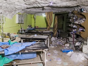 A picture taken on April 4, 2017 shows destruction at a hospital room in Khan Sheikhun, a rebel-held town in the northwestern Syrian Idlib province, following a suspected toxic gas attack. A suspected chemical attack killed dozens of civilians including several children in rebel-held northwestern Syria, a monitor said, with the opposition accusing the government and demanding a UN investigation. / AFP PHOTO / Omar haj kadourOMAR HAJ KADOUR/AFP/Getty Images