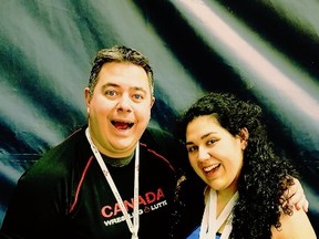 Greater Sudbury's Racha El-darazi shows her two bronze medals from the Canadian National Wrestling Championships while giving the thumbs up with local coach Chris Mask while in Windsor last weekend. Supplied photo