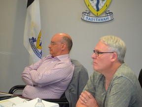 Coun. Paul Chauvet (left) and Deputy Mayor Norm Hodgson at the April 3 special budget meeting. Chauvet said he doesn’t think the benefits of public transit justify its costs, while Hodgson said the town needs to spend money on transit to see if it works (Jeremy Appel | Whitecourt Star).